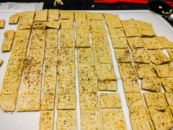 crackers cut into squares and seasoned