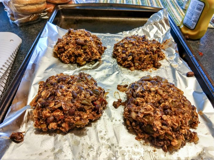 black bean burgers about to cook