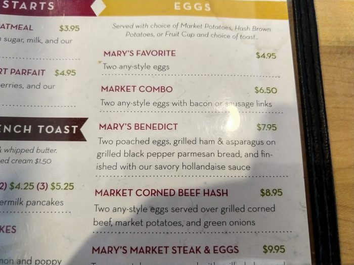 Marys eggs benny menu