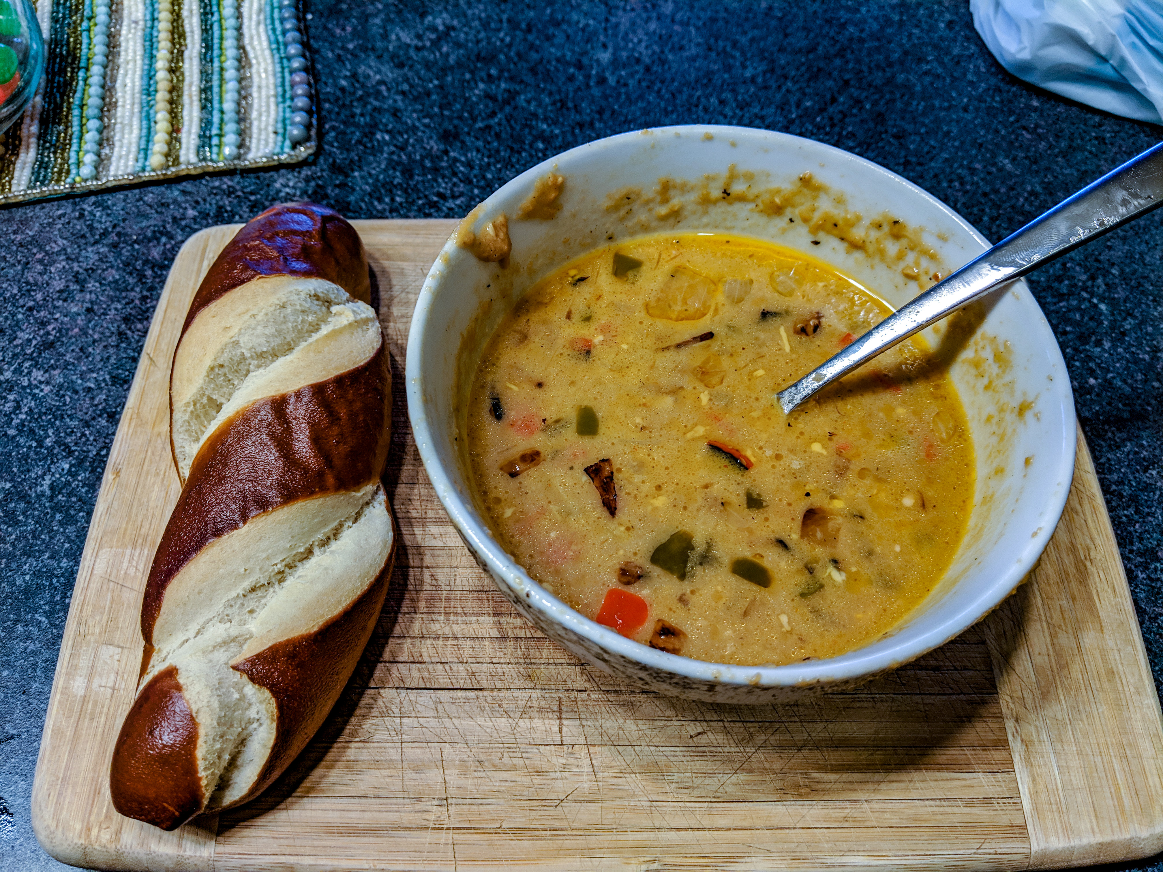 a bowl of stout and smoked gouda soup